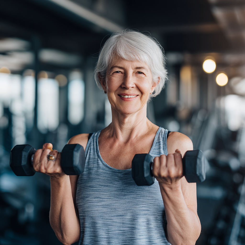 Confident elderly European man and woman exercising together in modern fitness studio, smiling and showing strength through steady movements