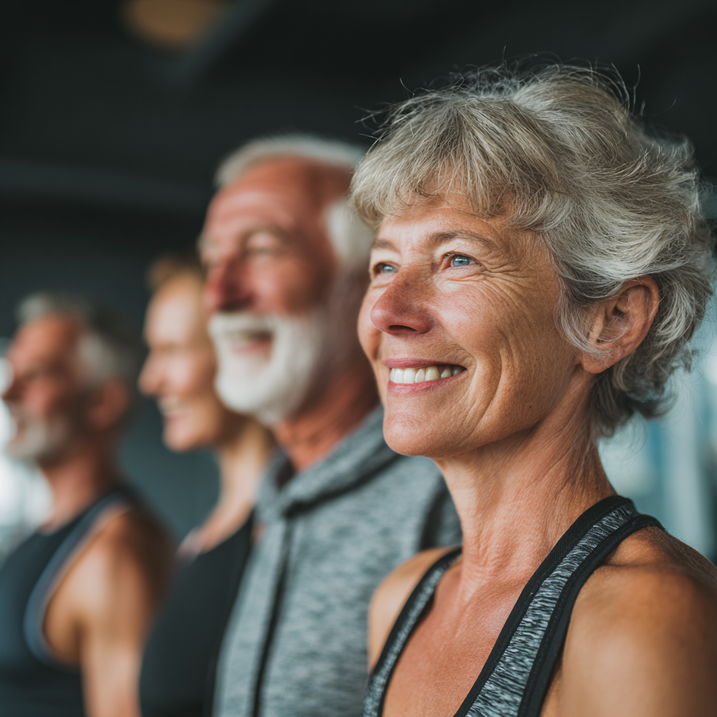 Healthy elderly European woman drinking water after light exercise, showing proper hydration habits with a radiant smile